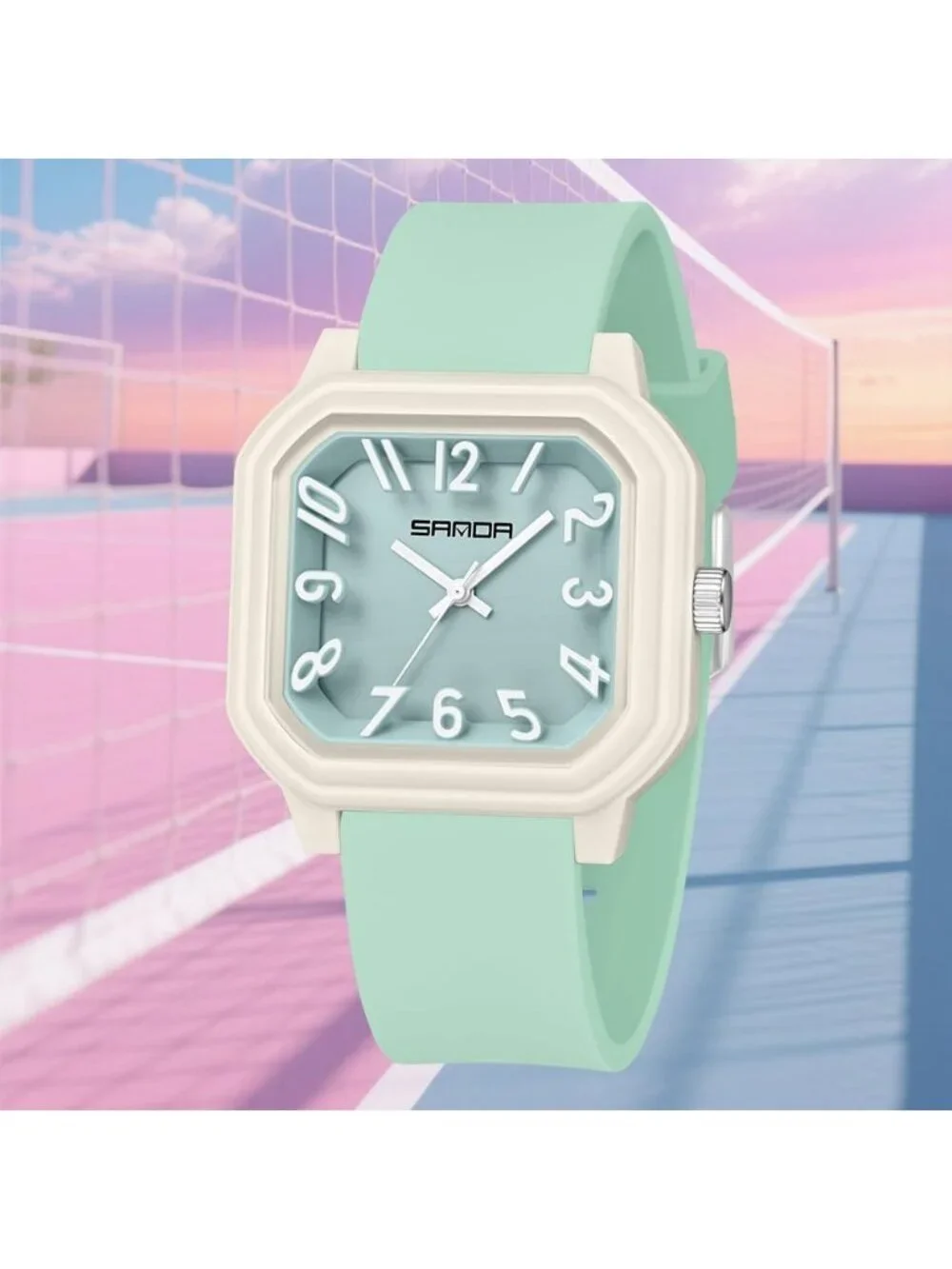 Women’s Green Quartz Big Arabic Numbers Silicone Strap Analog Square Wrist Watch